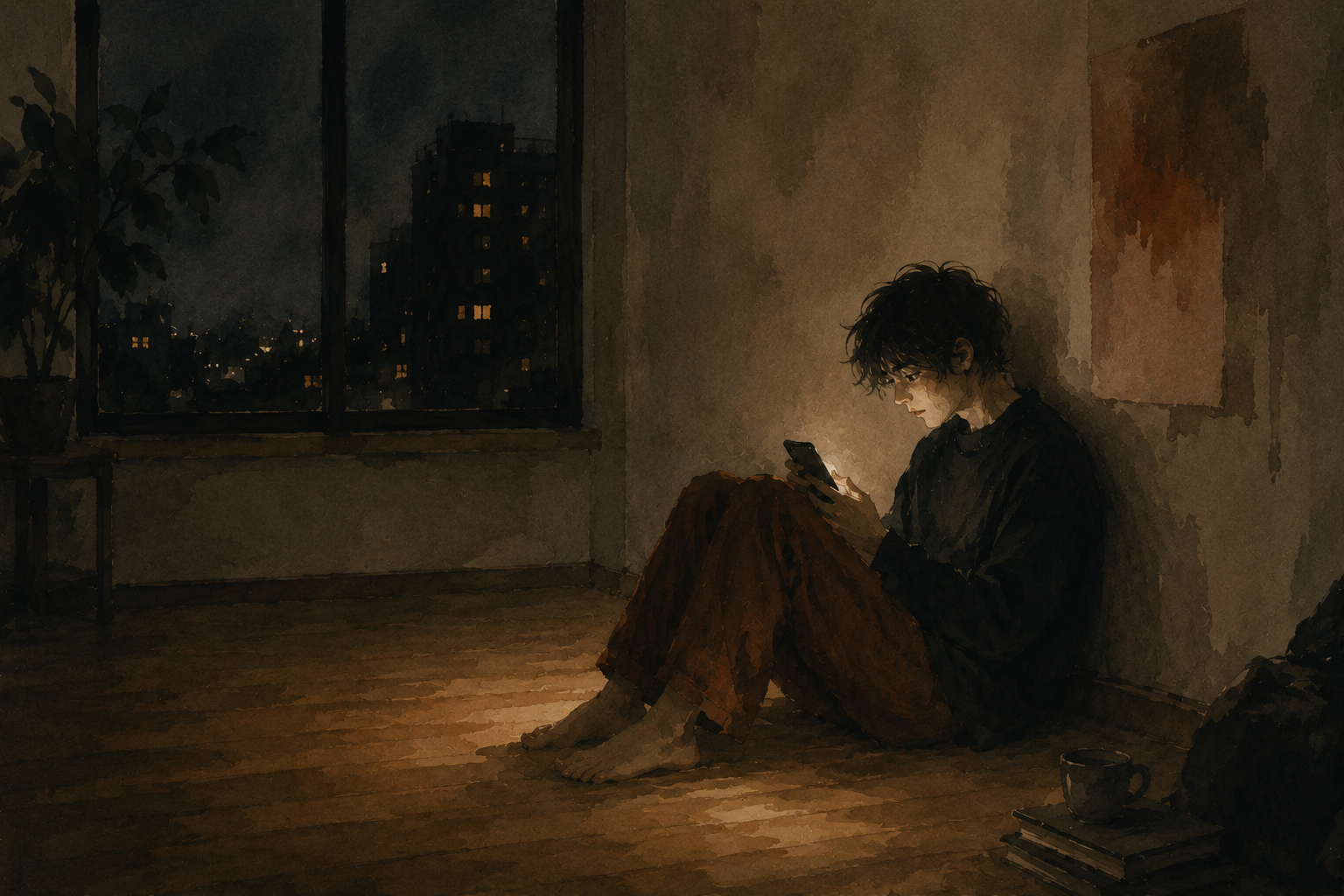 A man leaning into the glow of a phone in an empty room