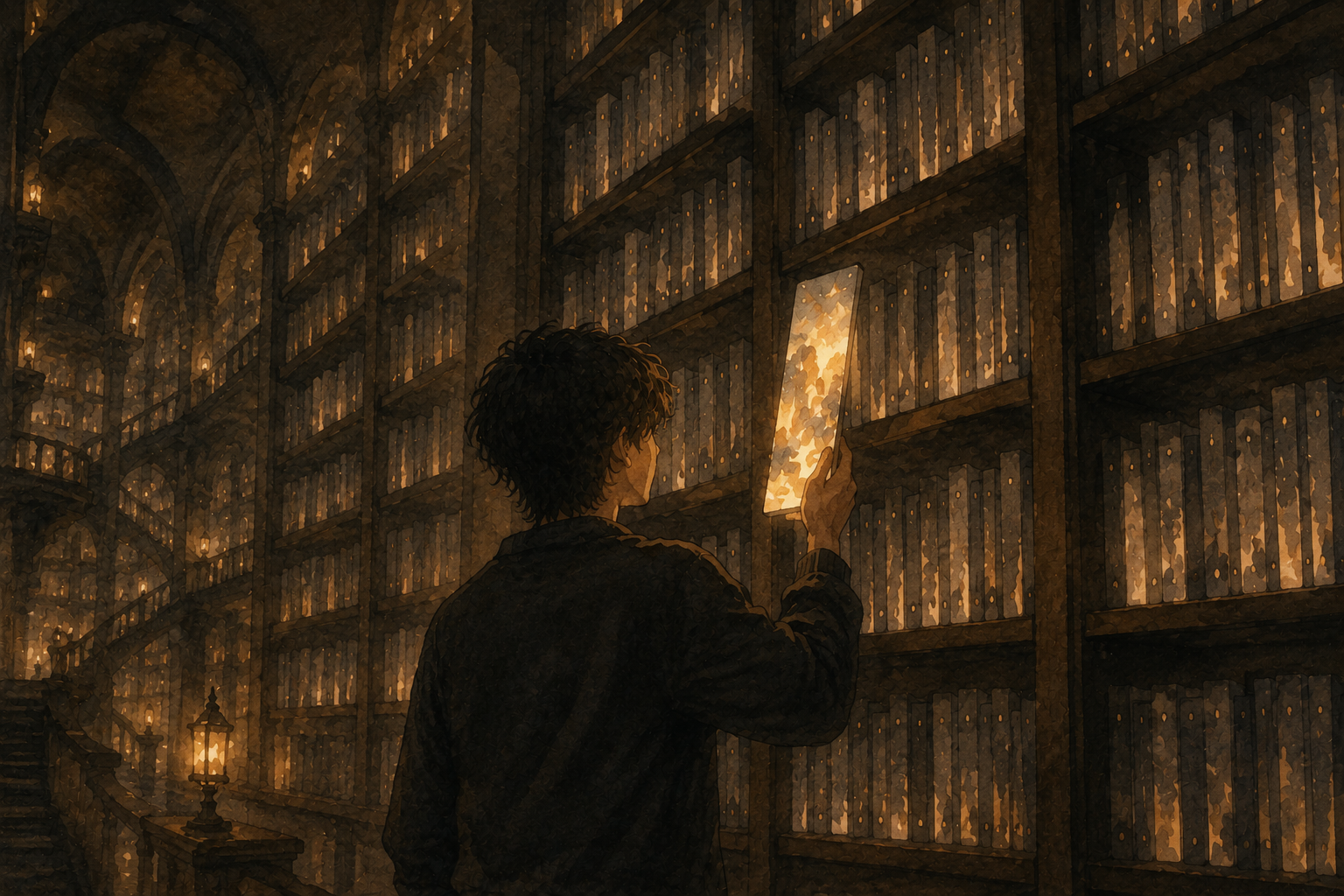 Pulling a glowing video panel from an endless library shelf